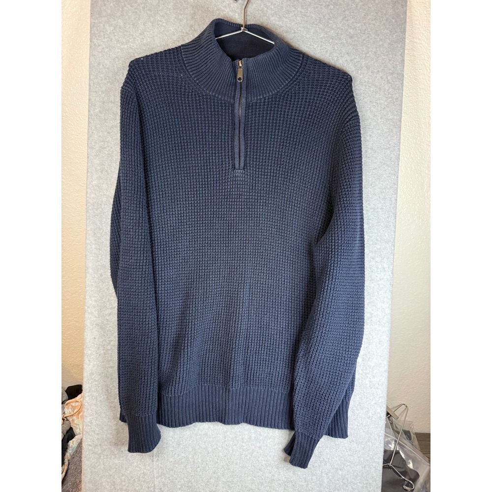 J.Crew Mens Navy Blue 100% Cotton Waffle Knit Quarter Zip Sweater Size Large